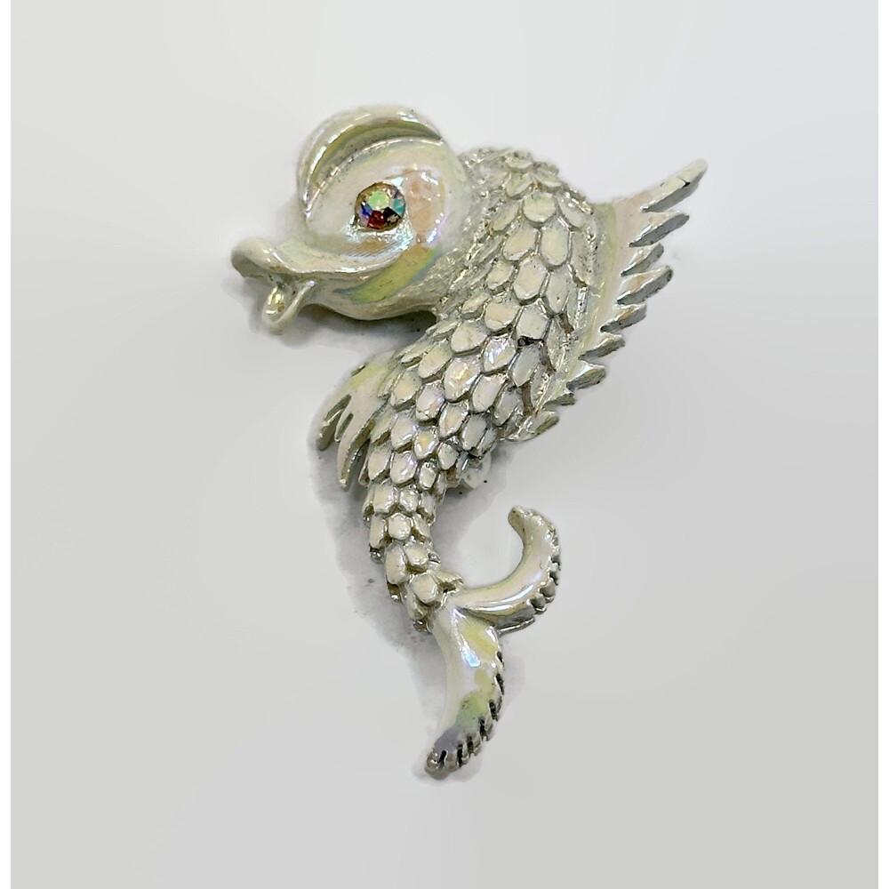 Fish Brooch, 50s, Rhinestone,White, Enamel, Mid Century,Vintage Pin, Koi